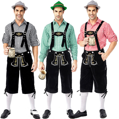 German Traditional Men's Beer Festival Outfit: Plaid Collared Shirt, Embroidered Belted Pants with Hat Set