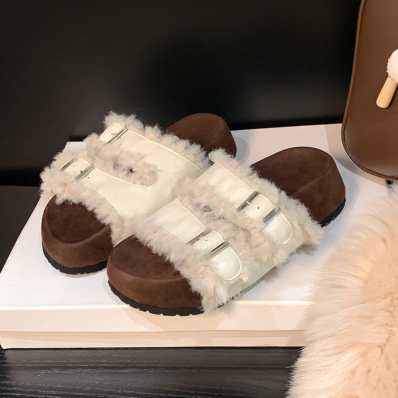 2025 modelo de otoño Mocha Otoño ~ calentamiento con hebilla de lana de cordero gruesa zapatillas de cuero de mujer