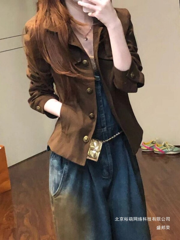 厂家直销翻领工装外套棕色女款早秋季新款小个子短款气质美式夹克|undefined