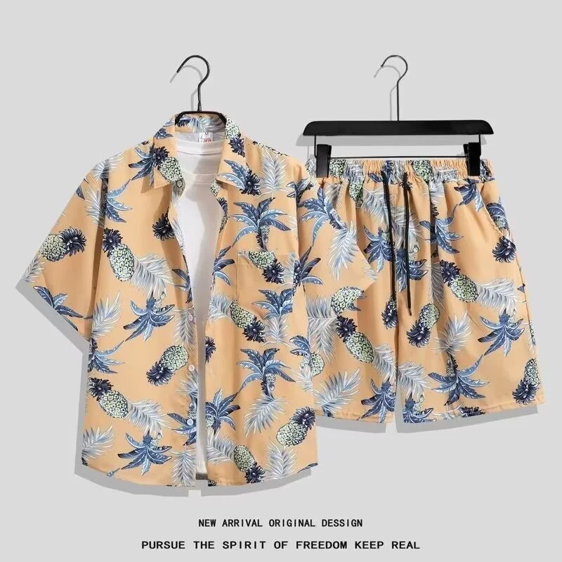 Мужской костюм из рубашки и шорт с тайским цветочным принтом, гавайская пляжная рубашка с коротким рукавом, новый летний комплект для пары