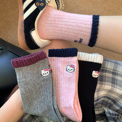 韩版AB款kt猫咪袜子女卡通撞色小猫字母中筒小众甜美感女生无骨袜