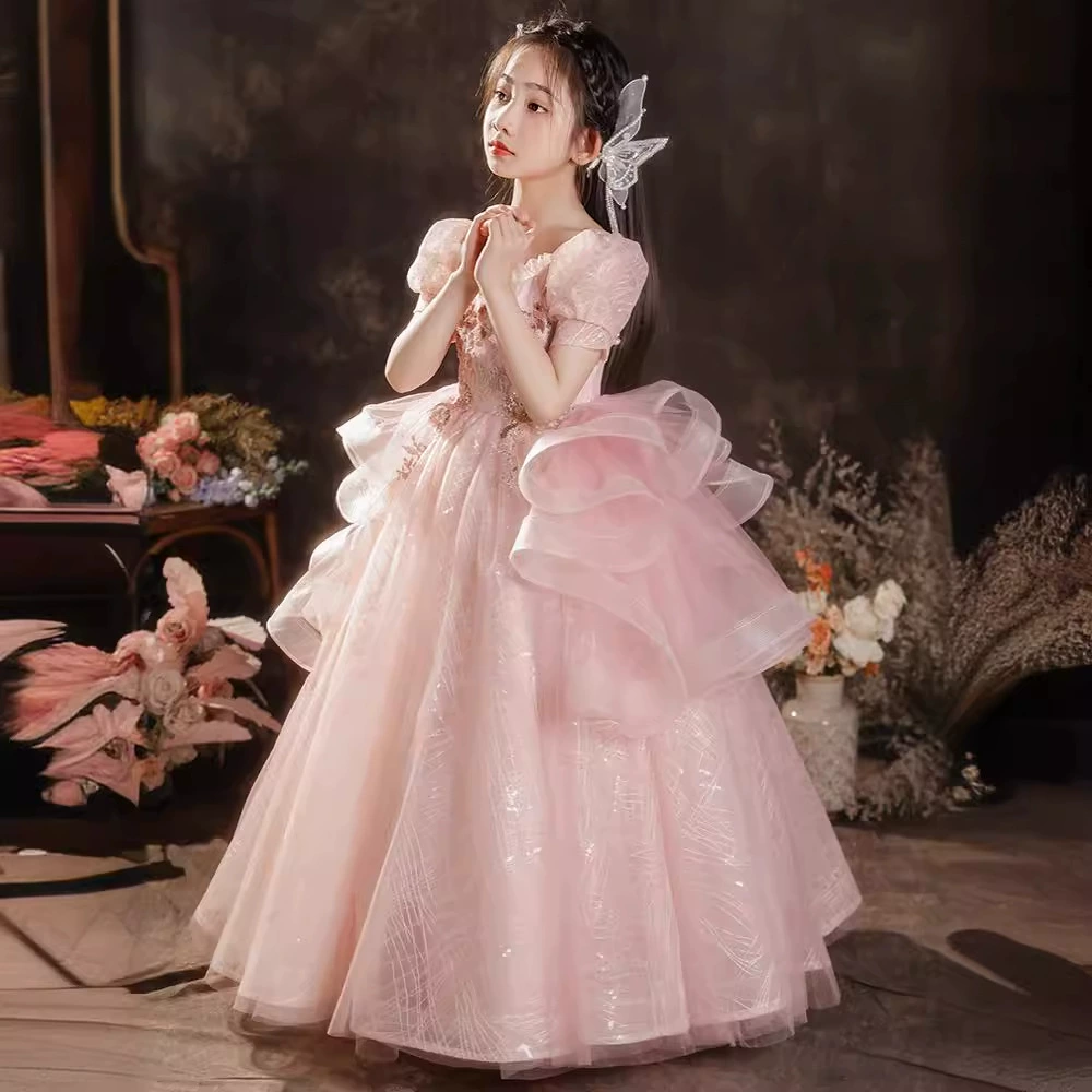 Детское нарядное платье для девочек, осенний стиль 2025, розовое платье принцессы на день рождения, костюм для выступления пианистки или подружки невесты.