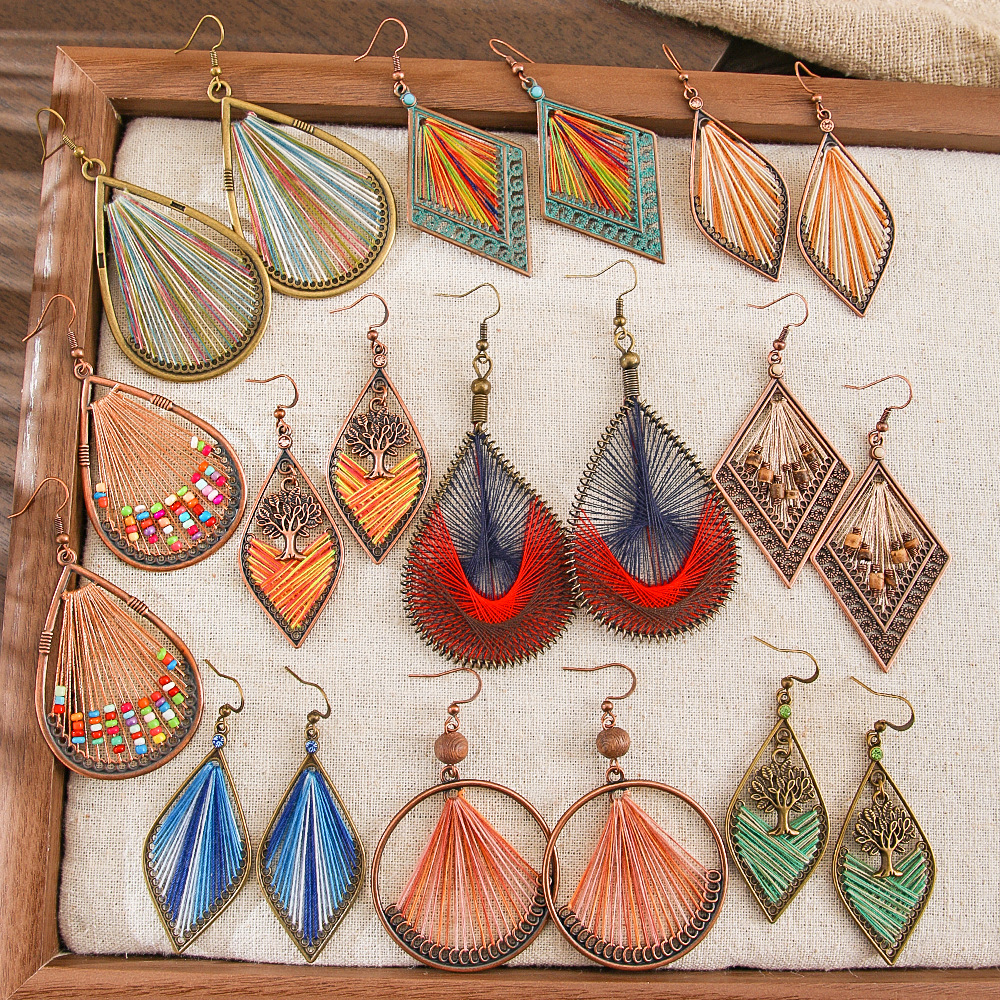  Vintage Ethnic Style Handmade Wire-Wrapped Earrings, Colorful Thread-Woven Exaggerated Earrings, Forest-Style Holiday Accessories