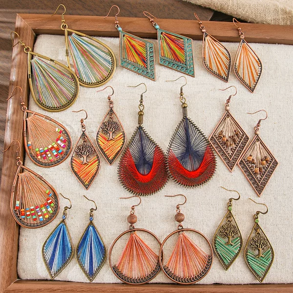  Vintage Ethnic Style Handmade Wire-Wrapped Earrings, Colorful Thread-Woven Exaggerated Earrings, Forest-Style Holiday Accessories