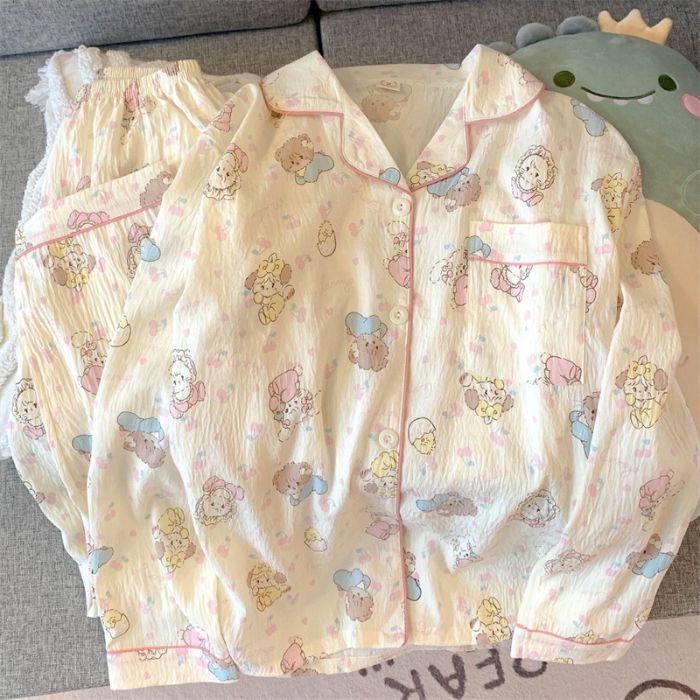 Al por mayor transfronterizo primavera y otoño nuevo pijama de mujer nubes de algodón con solapa cardigan de manga larga pantalones dulces set de ropa para el hogar