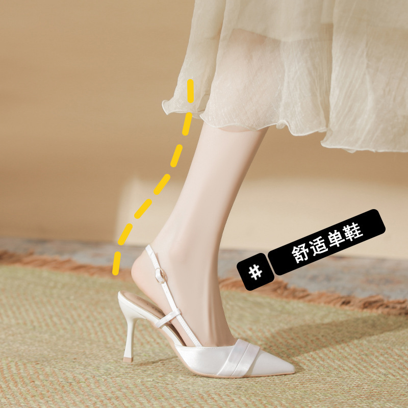 bzs-dz Toe Thin Heel Sandals Women's Pointed Toe French Elegant Satin Buckle Simple Sandals Women's High Heels
