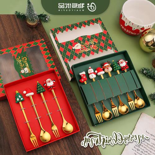 Stainless steel Christmas spoon set Christmas tableware coffee spoon fruit fork cartoon Christmas doll spoon fork