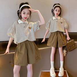 女童夏季套装2025新款洋气儿童条纹短袖夏装时髦中大童短裤两件套