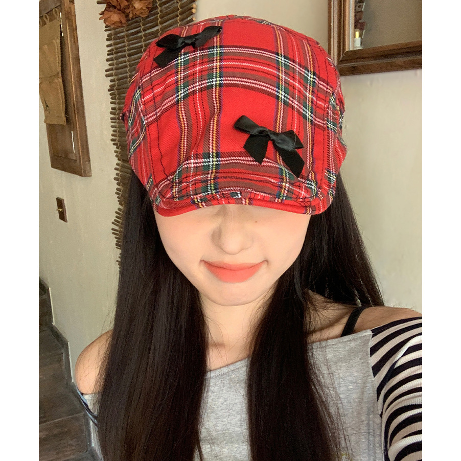 蝴蝶结格纹前进帽女夏季大头围显脸小反戴贝雷帽薄款鸭舌报童帽子