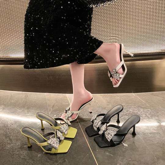 2025 New Square Toe Rhinestone Bow Fairy Sandals Summer Outer Wear Fashionable Slip-Ons Stiletto High Heels