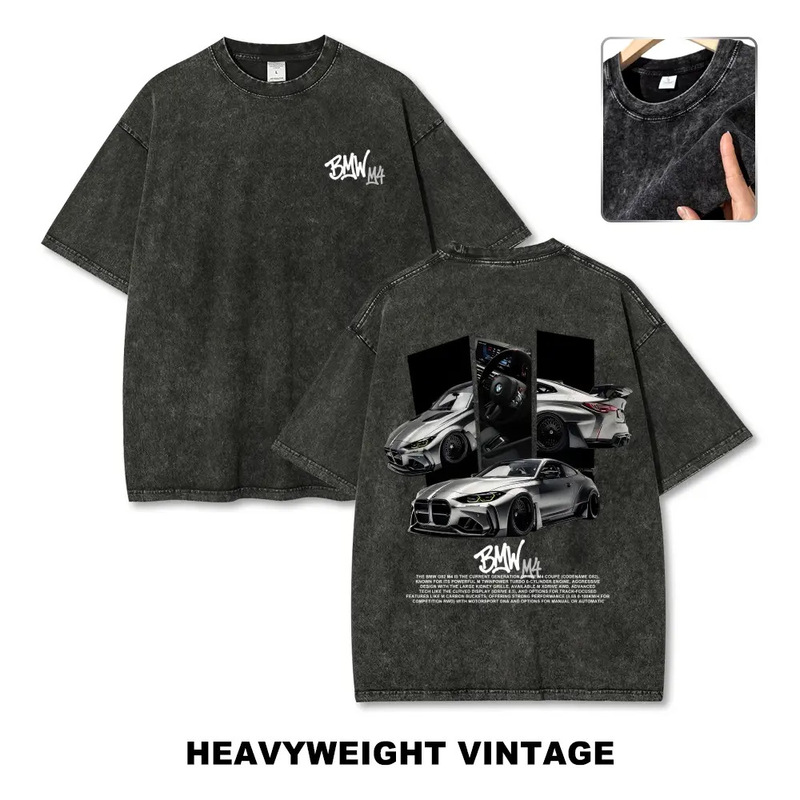230g Pure Cotton Vintage Men's Round Neck Short-Sleeve T-Shirt with Classic Sports Car Pattern, 90S Style, Casual Everyday Wear