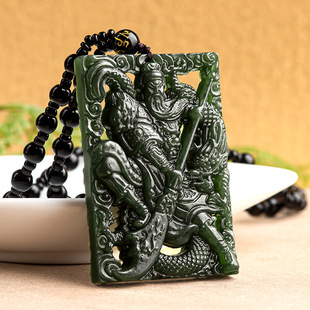 Natural old material Hetian jade ink Jade Dragon Guan Gong jade pendant domineering men's pendant Jade brand high-grade wholesale