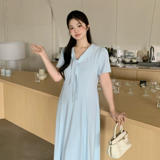沐钧大码女装学院风海军领连衣裙2026夏收腰显瘦气质裙子275018