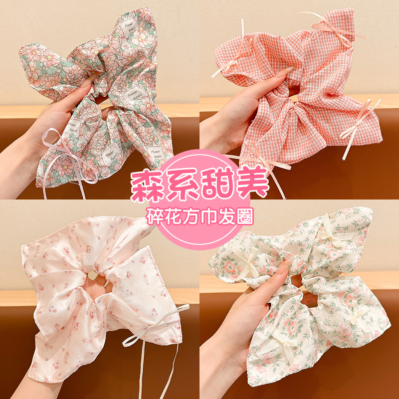 Mori dulce toallas cuadradas anillo de cabello primavera y verano arco de color cuerda de cabeza de flores trituradas mujeres 2025 nueva cuerda de cabello intestino grande