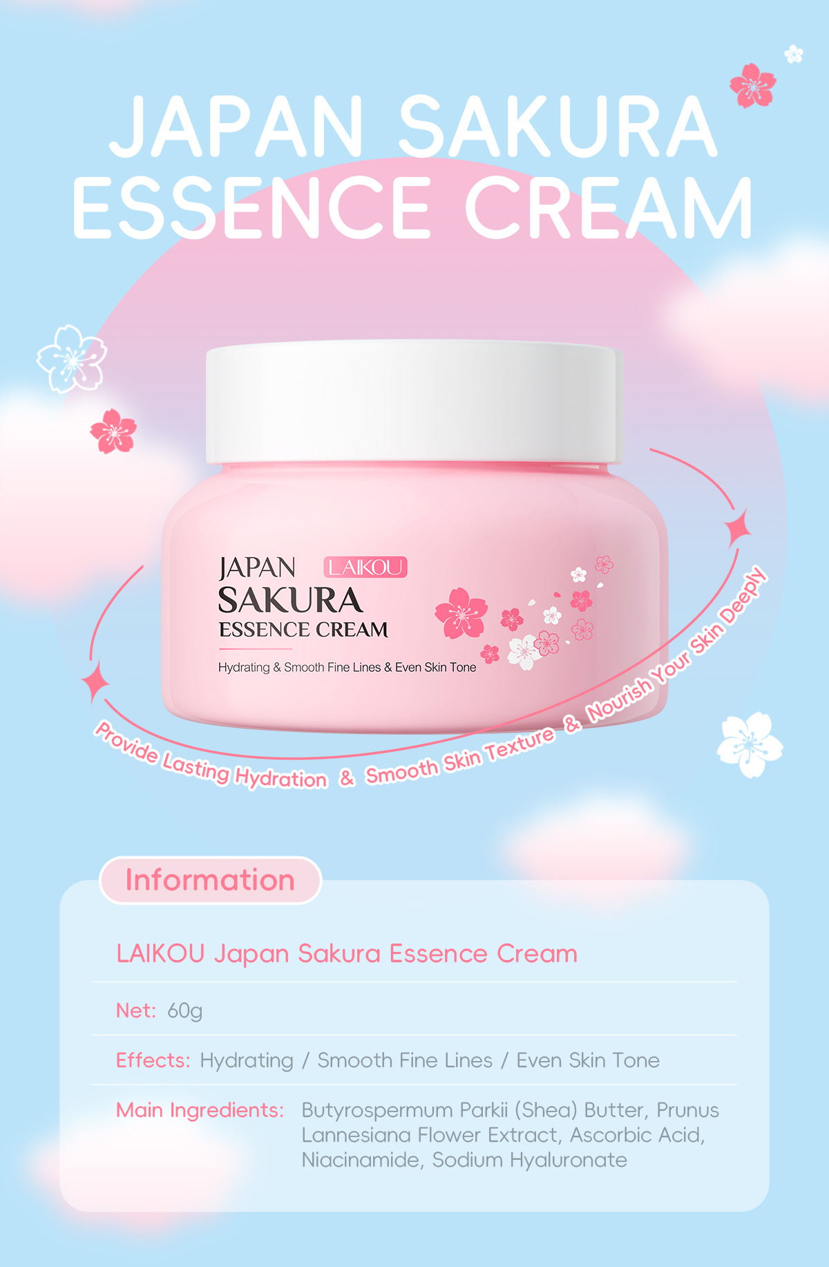 LAIKOU Cherry Blossom Essence Cream 60g, Autumn and Winter Moisturizing, Hydrating and Nourishing, in stock from the manufacturer Item Picture