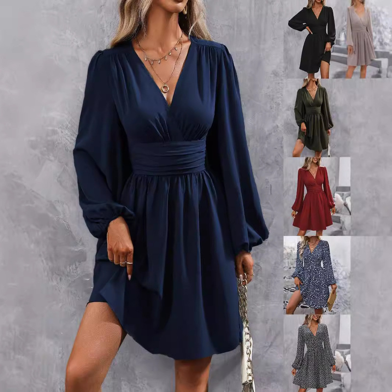 Autumn and winter new diagonal collar lantern sleeve pleat waist dress wine red Army Green black navy blue small floral