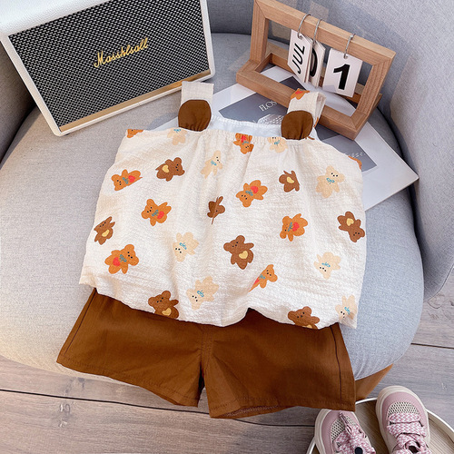 Korean style fashionable baby girl summer suit children's handsome and fashionable leopard print clothes shorts baby vest two-piece set