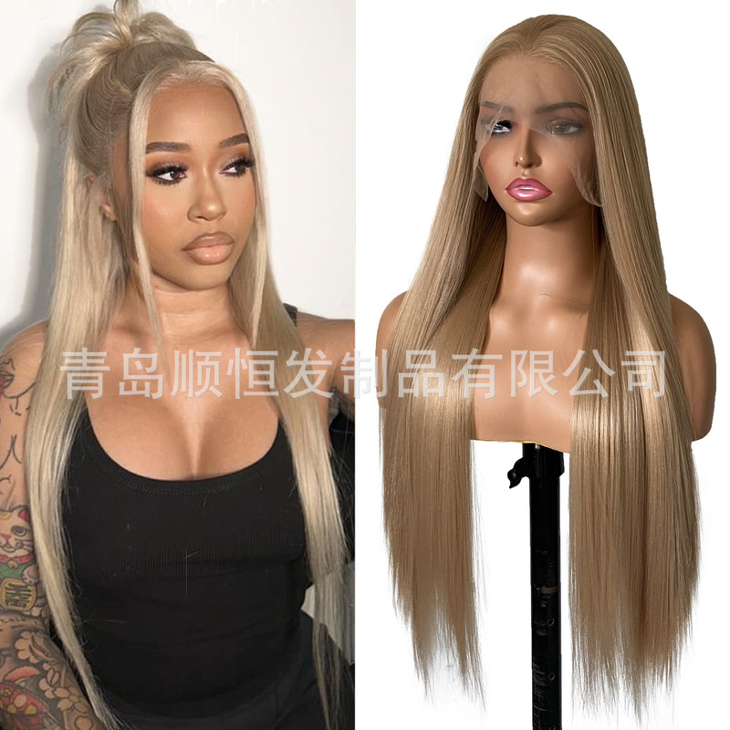 European and American wig front lace 13*4 high temperature silk sand golden COS straight hair simulation hairline factory in stock wholesale European and American wig front lace 13*4 high temperature silk sand golden COS straight hair simulation hairline factory in stock wholesale