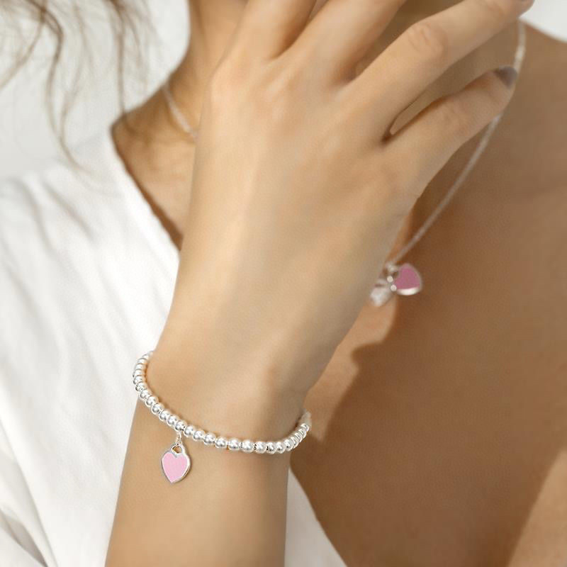 T Brand S925 Blue Heart, Red Heart, Pink Heart Enamel 4mm Bead Pendant Couple Style Heart Bracelet Chain Fresh and Sweet T Brand S925 Blue Heart, Red Heart, Pink Heart Enamel 4mm Bead Pendant Couple Style Heart Bracelet Chain Fresh and Sweet