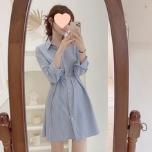 韩版小众收腰显瘦系带条纹气质衬衫连衣裙女秋季2025新款