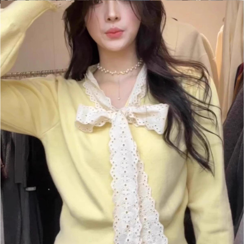 Gray Sweet Lace Bow Sweater Cardigan for Women 2025 New Style Inner Spring Autumn Winter Petite Jacket