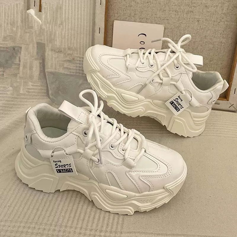 Platform Spring Sneakers, Korean Style, Women's Chunky Casual Sports Shoes, Leather & Mesh