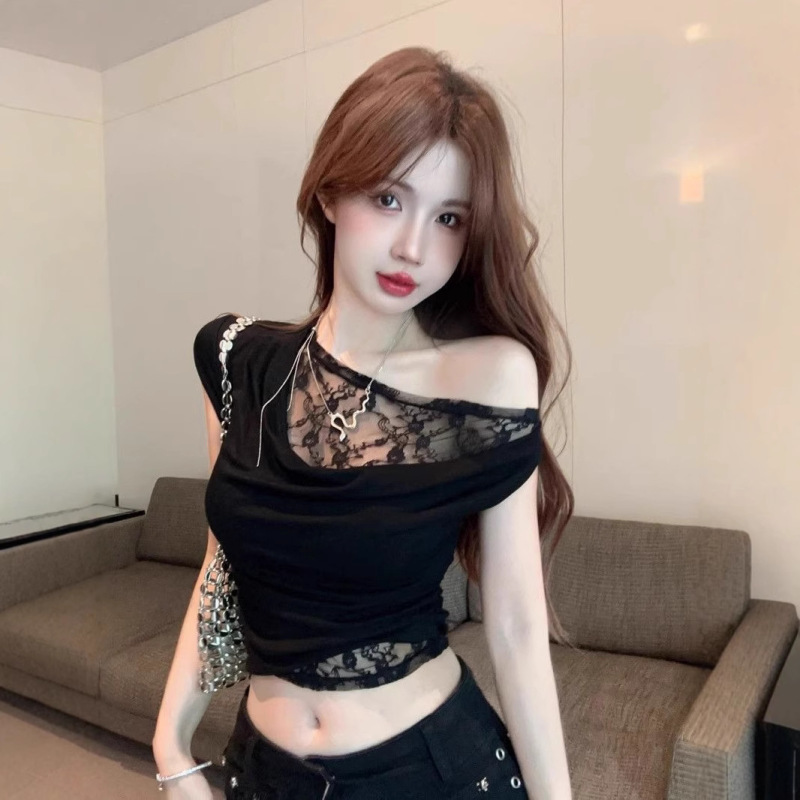 American Style Spice Stitching Lace Collar Irregular Black Short-sleeved T-shirt Women's Summer Niche Top