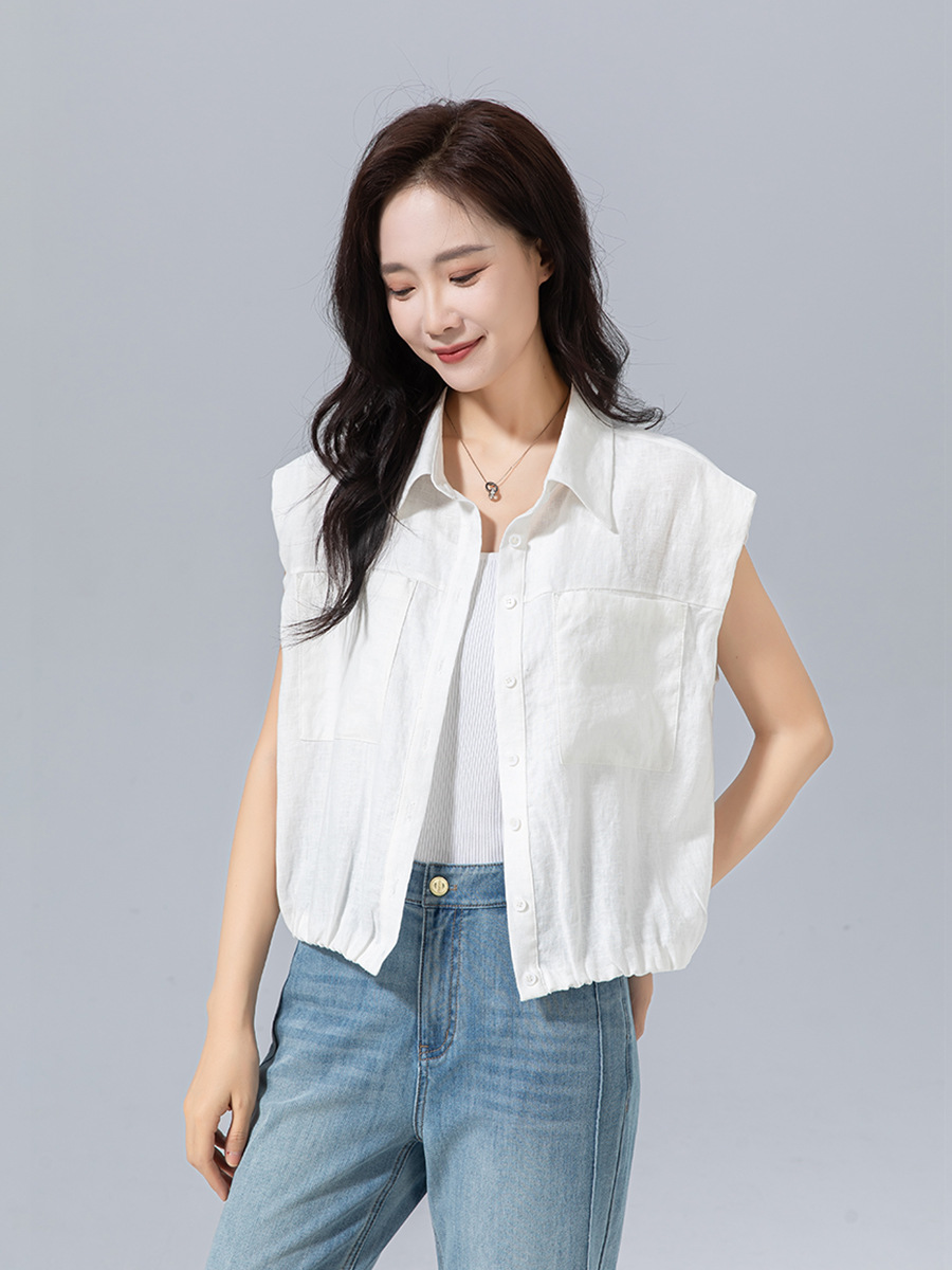 Áo hai dây nữ cạp trễ vải lanh rộng rãi co giãn, kiểu dáng ngắn mùa hè — Màu trắng