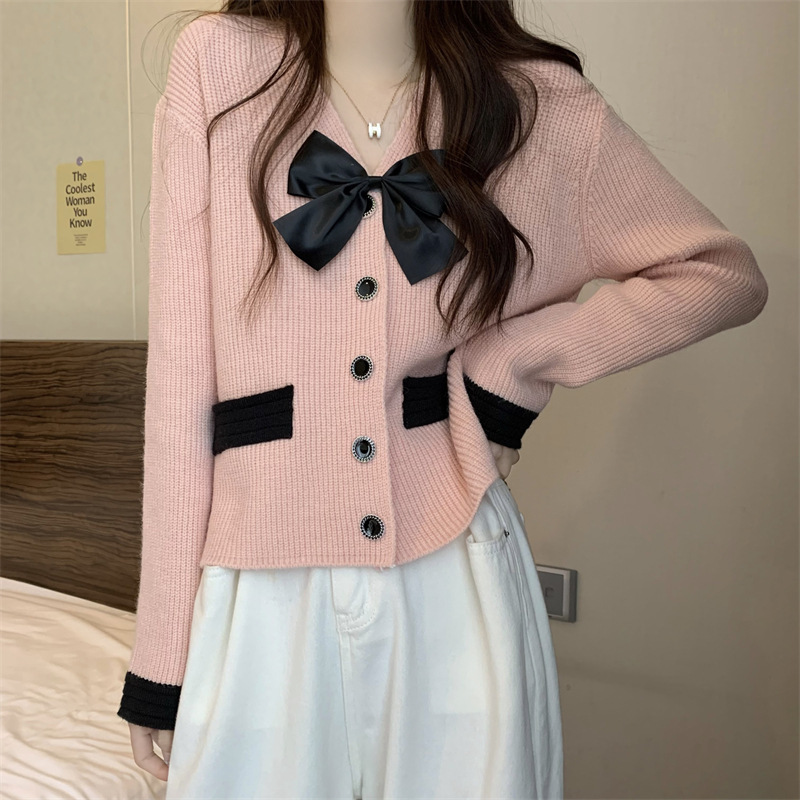 Primavera Chanel estilo arco cardigan de punto para las mujeres 2023 nuevo suave dulce chic con cuello en V suéter abrigo