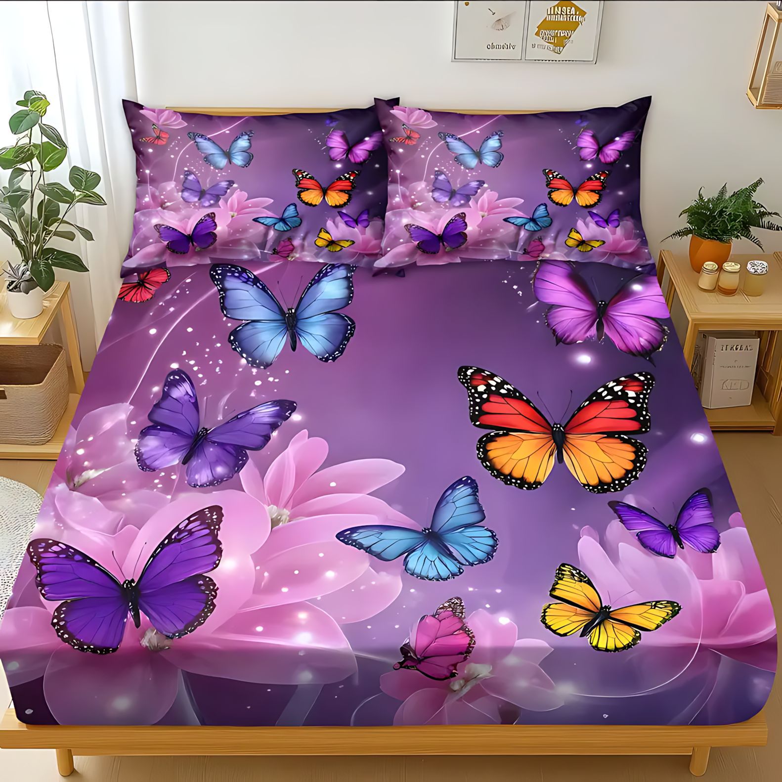TEMU / JIT comercio exterior transfronterizo textil doméstico mariposa púrpura tema de impresión digital de alta definición cama gaza pillow cover set