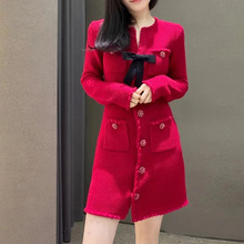 SP圣诞年会战袍小香针织连衣裙秋冬法式名媛收腰显瘦红色裙220593