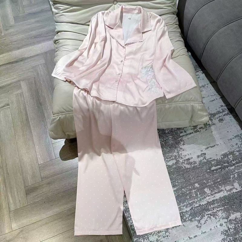 睡衣女冰丝秋冬新款波点长袖蕾丝高级感蝴蝶结家居服套装可外穿|undefined