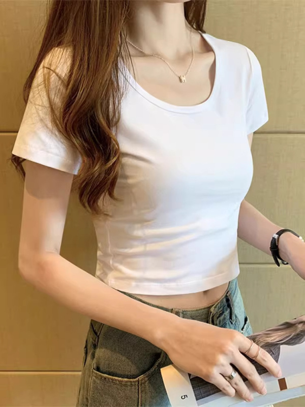半袖黒 Tシャツレディースショートラウンドネックハイウエストへそ出し韓国風スリム夏新作無地トップイントレンド|undefined