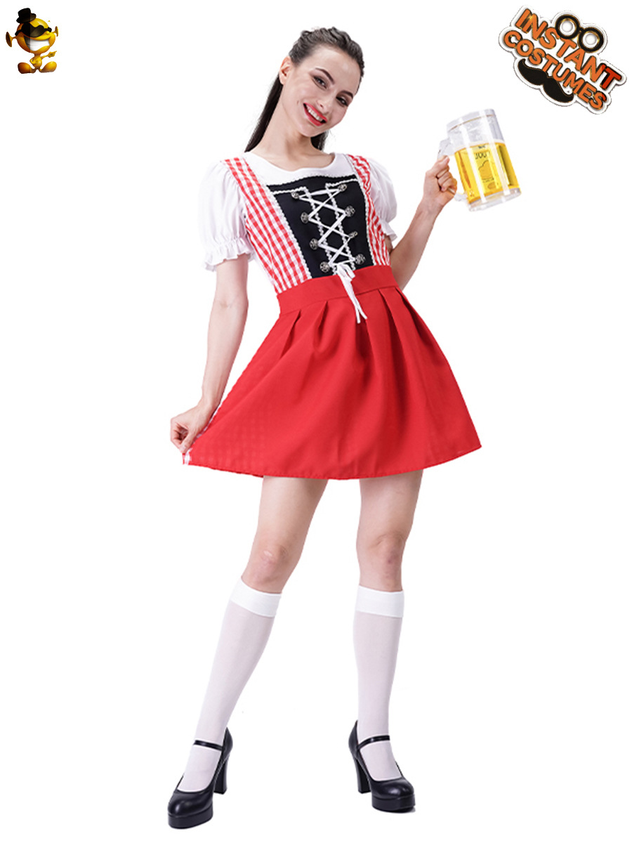 Rojo Plaid cerveza vestido de las mujeres carnaval maquillaje danza vestido Festival fiesta Cosplay traje