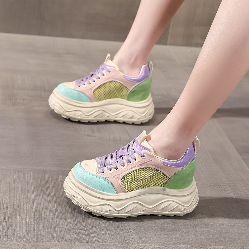 Giày thể thao nữ đế dày tăng chiều cao sneaker trắng cổ thấp — Xám trắng
