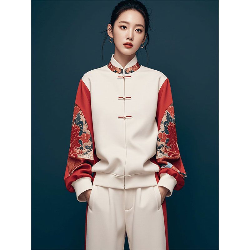 新しい中国風の女性の国民風スーツ 2025 新しいホットスタイルファッショナブルなハイエンドのスウェットシャツとパンツの女性のためのツーピースセット|undefined