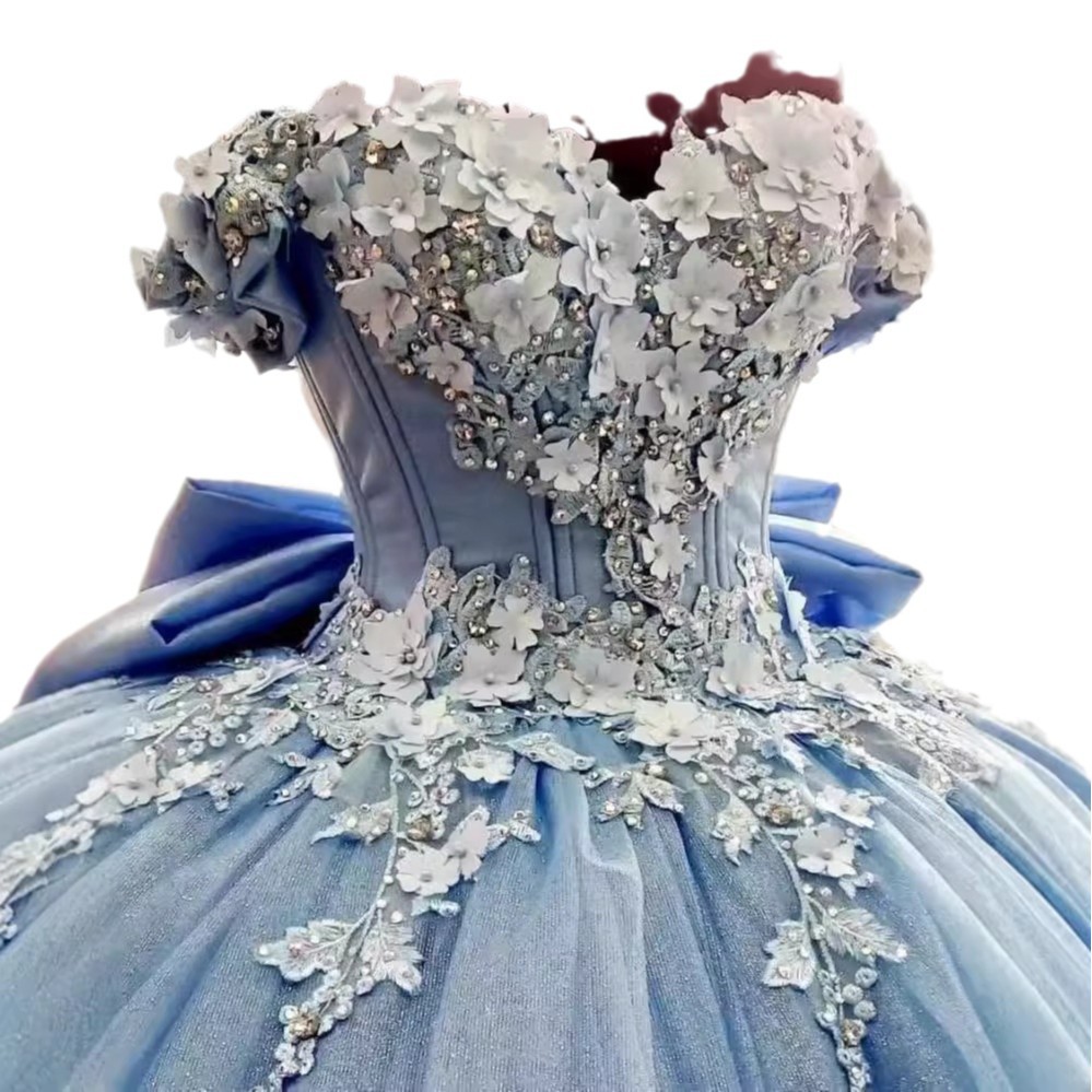 Vestido de gala de la fiesta, vestido de gala de solista, vestido de gala azul, personaje de hombro, personaje de cintura alta, solista, solista.