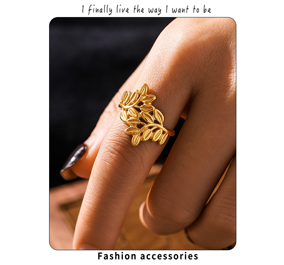 Anello aperto in acciaio inossidabile con linea cava, alla moda, non sbiadisce, bracciale con anello da donna con foglia di temperamento_voghion.com