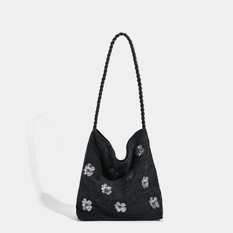 2026 New Style Tote Bag Denim Bag Black Simple Sequin Decoration Braided Shoulder Bag Fashionable Women's Tote Bag