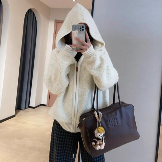 温暖氛围感宽松显瘦小个子连帽毛毛拉链保暖外套女2025秋冬新款潮