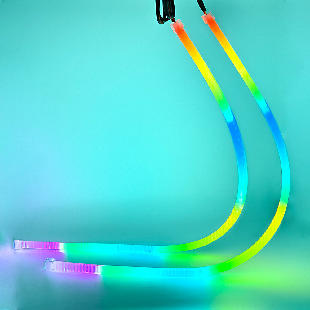 New car LED headlights with start-up scanning daytime running lights, app-controlled color-changing light guide, dual-color sequential flowing lights, and turn signal function