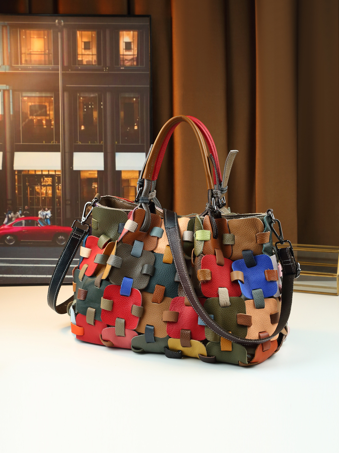 Woven Leather Patchwork Women's Handbag Large Shoulder Crossbody Bag_voghion.com