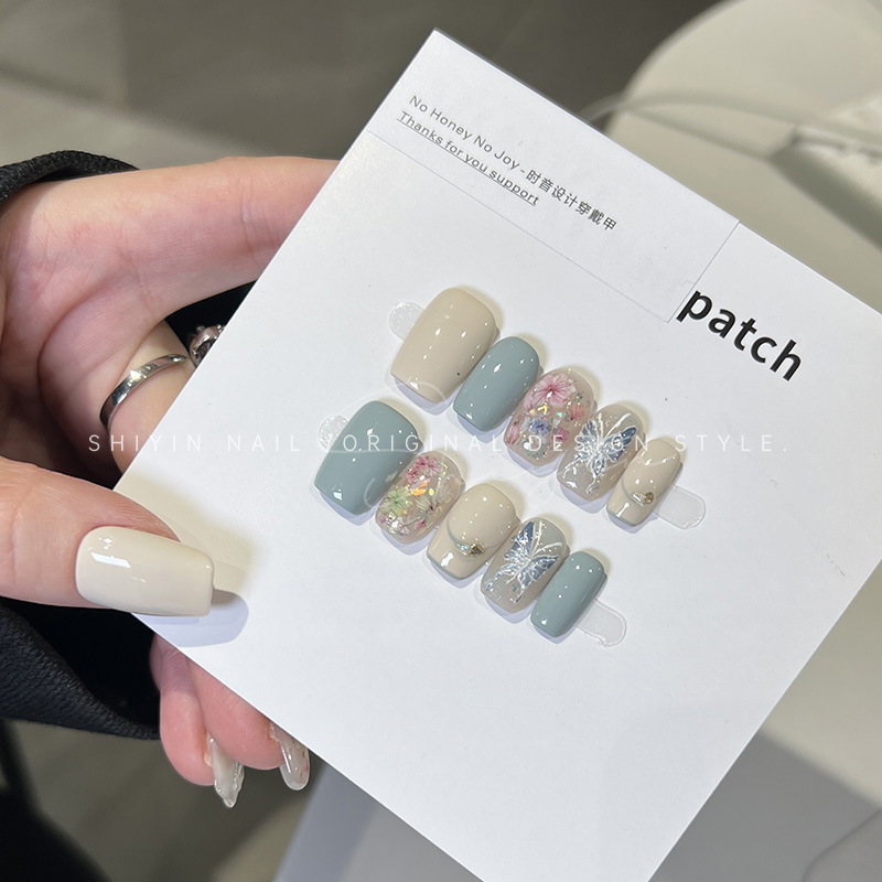 A329蝴蝶翼碎花时音纯手工设计穿戴甲春夏款清新可拆卸成品美甲贴|undefined