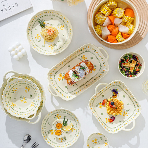 Japanese countryside-style underglaze painted bowl and plate set, ceramic tableware for home use, ceramic bowls, serving plates, soup bowls, fish plates, rice bowls