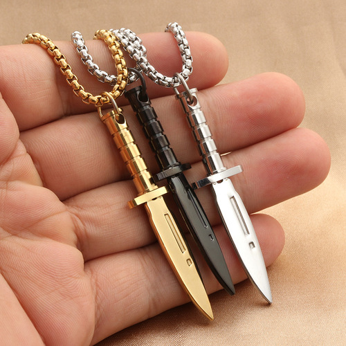 Eurasian Titanium Steel Dagger Pendant Personality Punk Retro Trend Men's Dagger Knife Stainless Steel Necklace Direct Supply Manufacturer