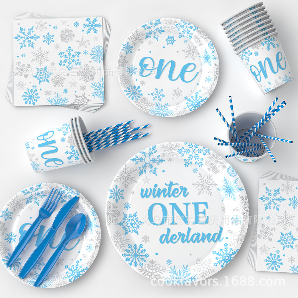 Nuevo tema de nieve azul bandeja de papel desechable vaso de papel mantel banner traje de decoración de fiesta de cumpleaños de niño