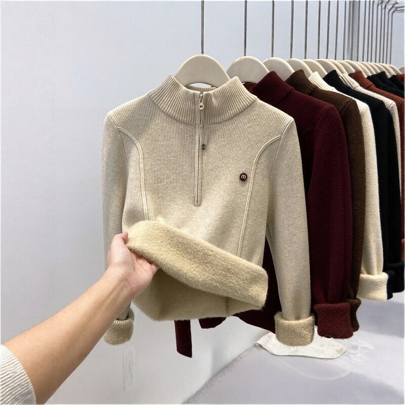Women's knitted sweater with stand-up collar and half-zip, fleece-lined and thickened, suitable for spring, autumn, and winter, with a half-high collar and regular shoulder design Women's knitted sweater with stand-up collar and half-zip, fleece-lined and thickened, suitable for spring, autumn, and winter, with a half-high collar and regular shoulder design