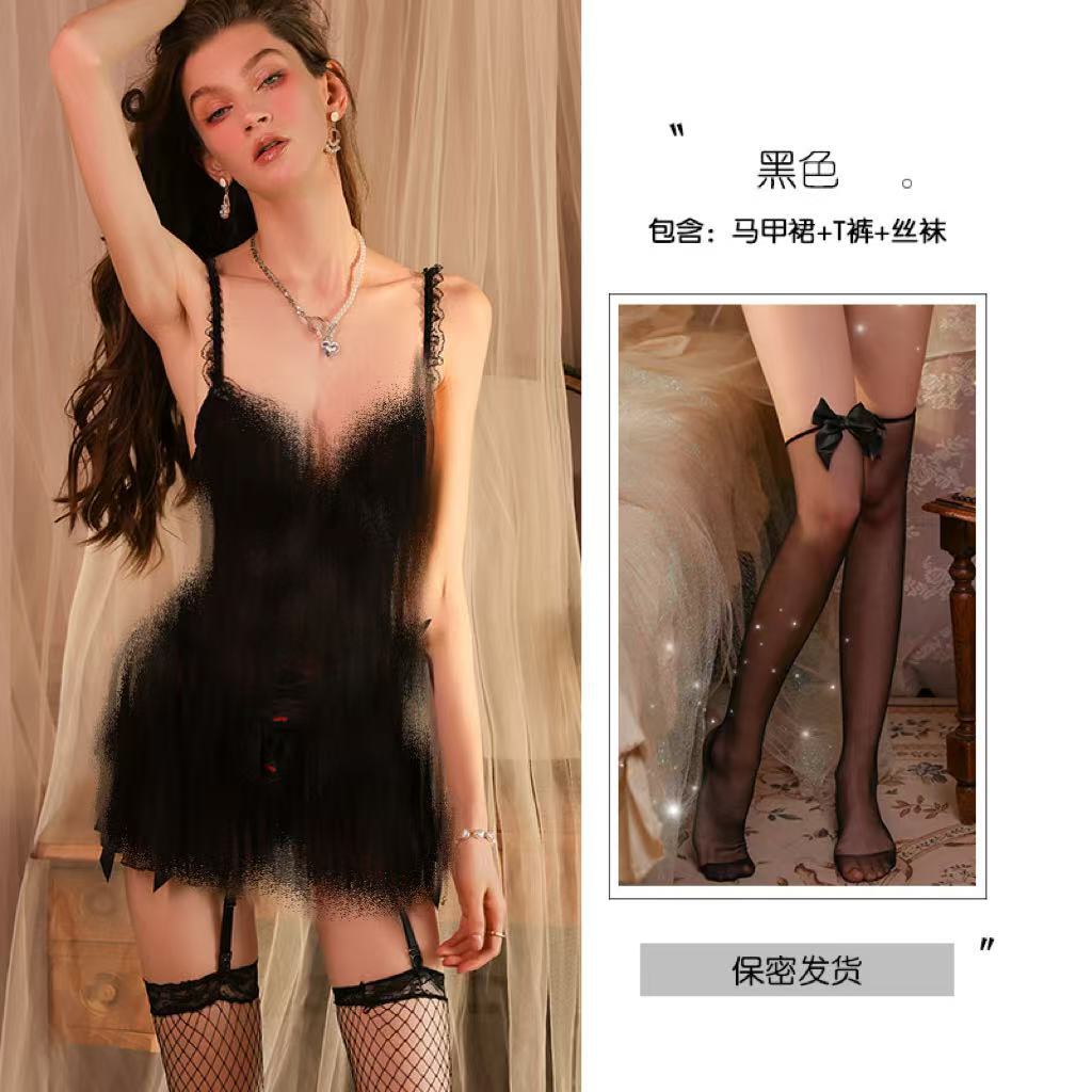 검은 나비 양말 검은 조끼 T-바지