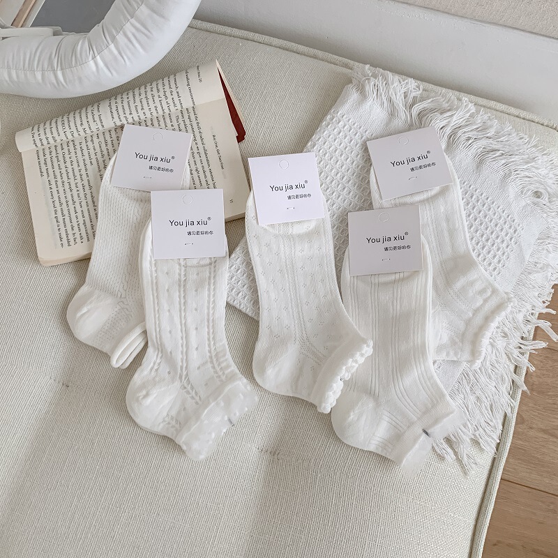 White socks spring and summer thin socks women's hollow mesh socks breathable sweat-absorbent ladies cotton socks summer versatile boat socks