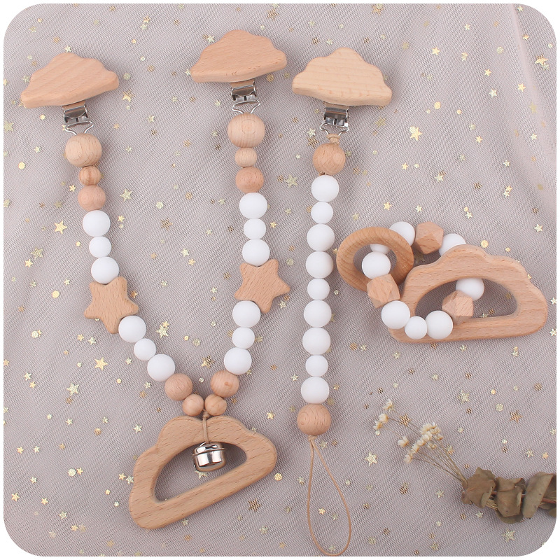 Nuevo bebé de dibujos animados de haya animal chupete clip calmante bebé mordida chupete cadena coche colgando mordedor conjunto de tres piezas